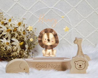 Gepersonaliseerde babynaam nachtlampje met houten basis, meisje jongen kind cadeau nachtlampje, slaapkamer kinderkamer decor, babyshower, pasgeboren cadeau