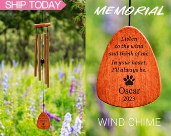 Listen to the Wind Personalized Pet Loss Memorial Outdoors Copper Wood Wind Chime,Double Sides Custom Engraved Dog Cat Loss Remembance Gift