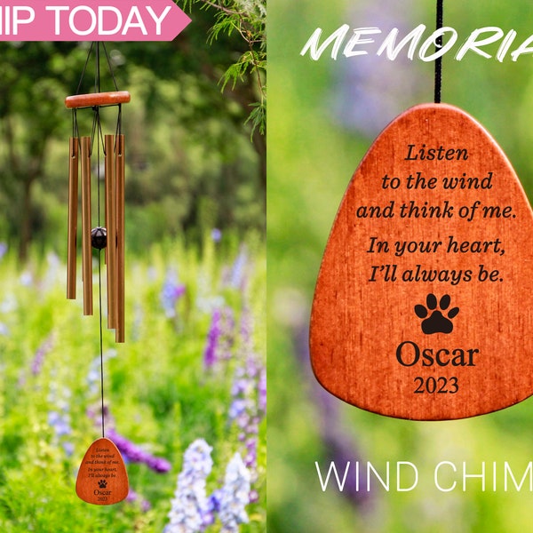 Listen to the Wind Personalized Pet Loss Memorial Outdoors Copper Wood Wind Chime,Double Sides Custom Engraved Dog Cat Loss Remembance Gift