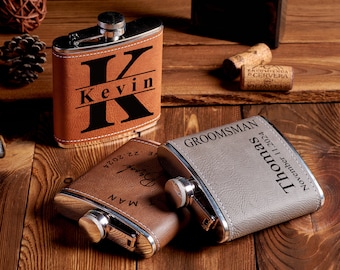 Custom Engraved Leather Flask with Name, Personalized Flask for Groomsmen, Unique Best Man Gift, Wedding and Bachelor Party Proposal Gifts
