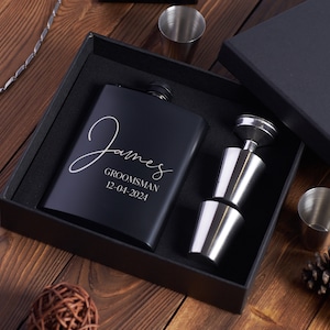 Engraved Black Hip Flask with Name, Personalized 6oz Stainless Steel Flask, Groomsmen Best Man Gift, Bachelor Party Favor,Wedding Present