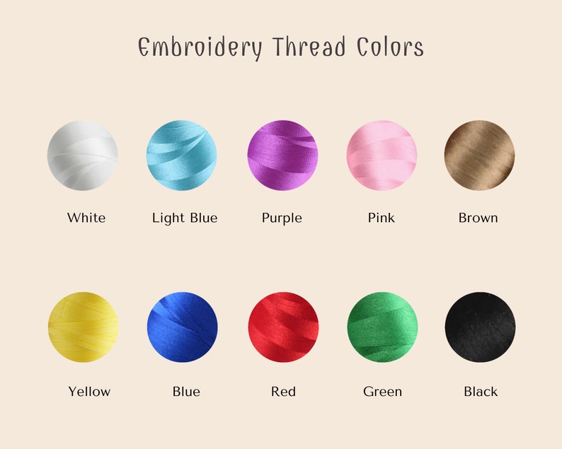 May include: Embroidery thread colors in a variety of colors, including white, light blue, purple, pink, brown, yellow, blue, red, green, and black.