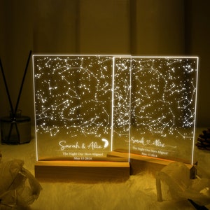Puede incluir: Dos placas acr&iacute;licas iluminadas con un dise&ntilde;o de constelaci&oacute;n de estrellas. Las placas est&aacute;n sobre bases de madera y tienen el texto "Sarah & Alix The Night Our Stars Aligned May 15 2014" en cada una.