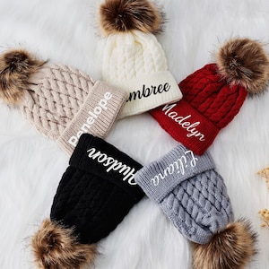 Personalized Embroidered Beanie, Baby Beanie with Fur Pom-Pom, Monogram Hat, Custom Kids Winter Beanie