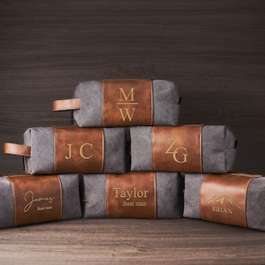 Borsa da toilette personalizzata in tela e pelle per uomo – Borsa da viaggio personalizzata con incisione laser, perfetta come regalo o per l'uso quotidiano