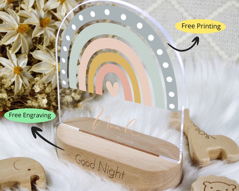 Veilleuse nom de bébé personnalisée avec base en bois, lampe de nuit cadeau fille garçon enfant, décoration de chambre à coucher, baby shower, cadeau nouveau-né image 5