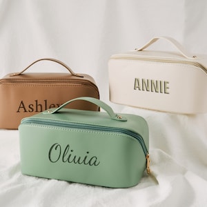 Leder Name gestickte Make-up Tasche, personalisieren Hochzeit Brautjungfer Beutel, Kosmetik Reise Lagerung Organisator, Brautvorschlag, Geburtstagsgeschenk