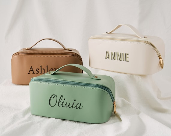 Leather Name Embroidered Makeup Bag Personalize Wedding Bridesmaid Pouch Cosmetic Travel Storage Organizer Bridal Proposal Birthday Gift Etsy