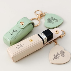 Engraved Birth Flower Lipstick Keychain Case with Mirror, Custom PU Leather Lip Balm Bag, Personalized Birthday Gift for Her, Christmas gift