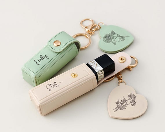 Engraved Birth Flower Lipstick Keychain Case with Mirror, Custom PU Leather Lip Balm Bag, Personalized Birthday Gift for Her, Christmas gift