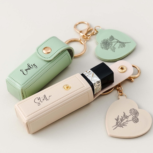 Engraved Birth Flower Lipstick Keychain Case with Mirror, Custom PU Leather Lip Balm Bag, Personalized Birthday Gift for Her, Christmas gift