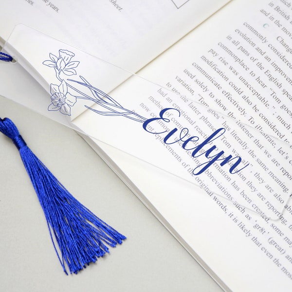 Personalized Birth Flower Bookmark, Acrylic Floral Bookmark with Name, Custom Bookmark Gift for Her, Name Bookmark, Bookmark with Tassel