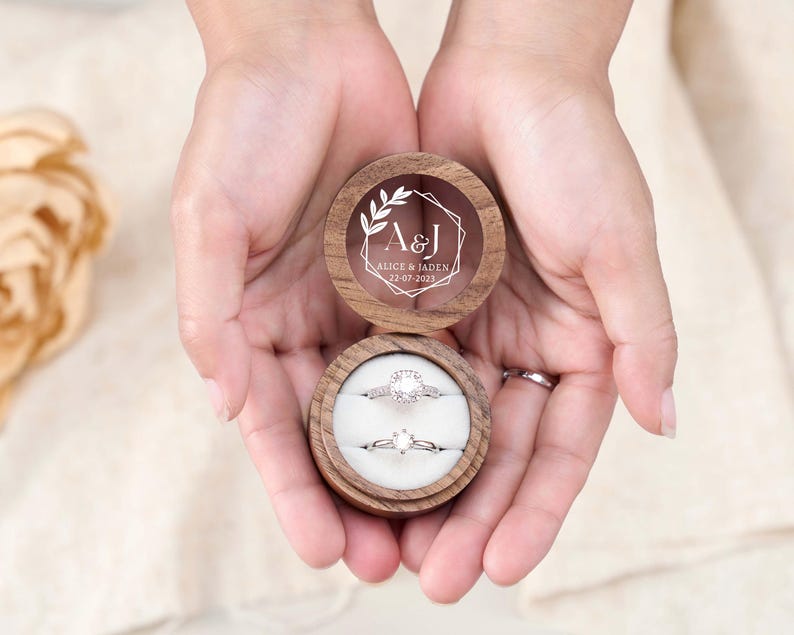 Custom Wooden Wedding Ceremony Round Ring Box, Clear Acrylic Cover, Personalized Engraved Engagement Proposal Holder, Bridal Gift For Her image 3