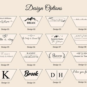 May include: A graphic showing 16 different design options for a personalized wooden sign. The designs include names, initials, mountains, hearts, and other decorative elements. The text "Design Options" is at the top of the graphic.