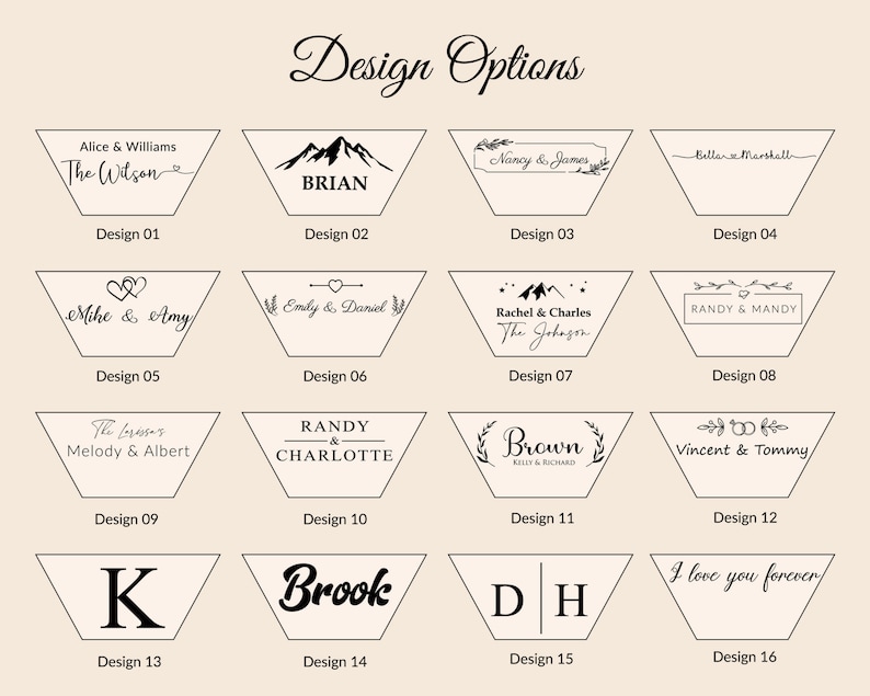 May include: A graphic showing 16 different design options for a personalized wooden sign. The designs include names, initials, mountains, hearts, and other decorative elements. The text "Design Options" is at the top of the graphic.