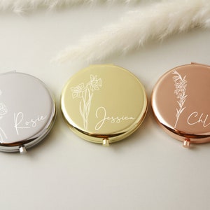 Miroir compact personnalisé, cadeaux pour demande de demoiselle d'honneur et anniversaire d'une meilleure amie, cadeau personnalisé pour femme, miroir de poche fleur de naissance pour elle