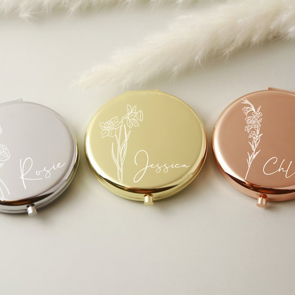 Personalized Compact Mirror, Bridesmaid Proposal & Best Friend's Birthday Gifts, Custom Wedding Favor for Women,Birth Flower Pocket Mirror