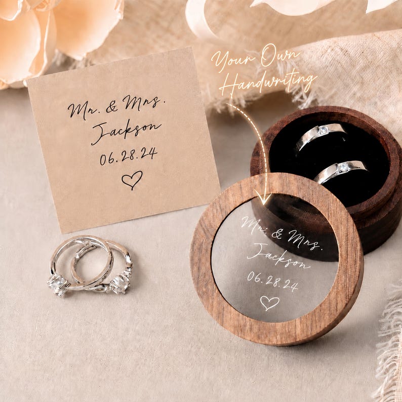 Custom Wooden Wedding Ceremony Round Ring Box, Clear Acrylic Cover, Personalized Engraved Engagement Proposal Holder, Bridal Gift For Her image 7