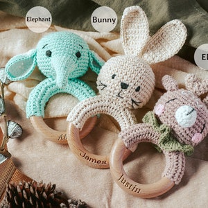 Personalized Animal Crochet Rattle, Custom Baby Shower Gift, Wooden Rattle Ring with Engraved Baby Name, Newborn Gift, Gift for Nephew Niece image 4