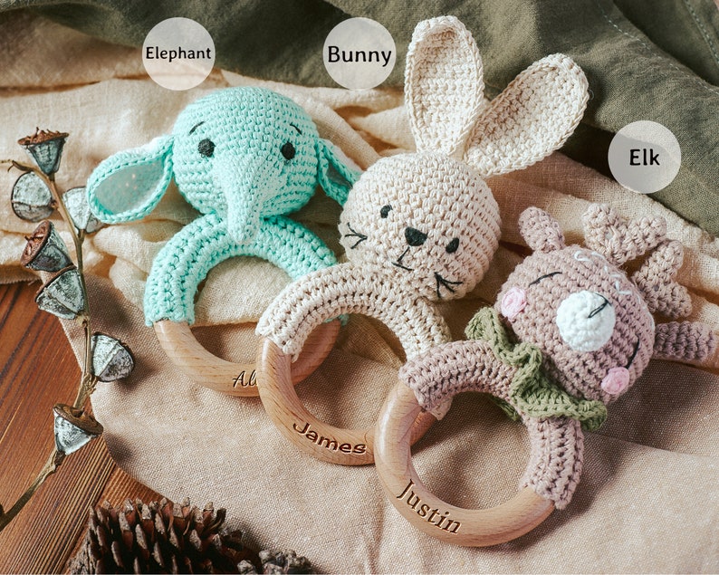 Personalized Animal Crochet Rattle, Custom Baby Shower Gift, Wooden Rattle Ring with Engraved Baby Name, Newborn Gift, Gift for Nephew Niece image 4