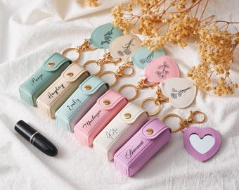Custom Lip Balm Keychain with Mirror, Personalized Lipstick Pouch, Engraved Flower Design, Birthday Gift for Women, Wedding Party Favor