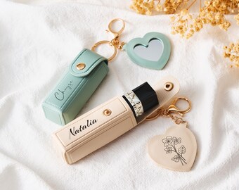 Custom Lipstick Keychain Case, Engraved Name & Birth Flower Design, PU Leather Makeup Bag with Mirror, Birthday or Christmas Gift