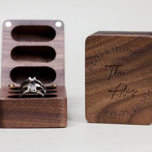 Scatola per fedi nuziali in legno con nome personalizzato, tre fedi nuziali personalizzate, proposta, portafedi per anniversario, portatore di fedi inciso