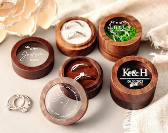Custom Wooden Wedding Ceremony Ring Box, Clear Acrylic Cover, Personalized Engraved Engagement Proposal Holder, Bridal Gift