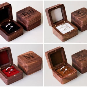 Caja de anillo de ceremonia de boda de madera personalizada, caja de anillo de compromiso grabada personalizada, portador de anillo cuadrado, aniversario, soporte de caja de anillo de propuesta imagen 6