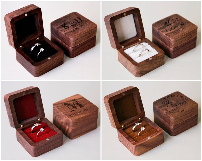 Caja de anillo de ceremonia de boda de madera personalizada, caja de anillo de compromiso grabada personalizada, portador de anillo cuadrado, aniversario, soporte de caja de anillo de propuesta imagen 6