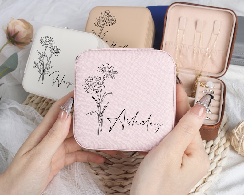 Personalized Jewelry Box, Engraved Jewelry Case for Bridesmaid, Travel Jewelry Organizer for Her,Travel jewelry box,Bridesmaid Proposal Gift image 1