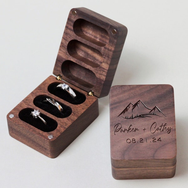 Wooden Wedding Ring Box with Name,Personalized Engagement Three Slots Rings Box,Custom Engraved Ring Bearer,Anniversary,Proposal Ring Holder