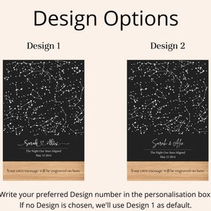 Puede incluir: Dos opciones de dise&ntilde;o para una impresi&oacute;n personalizada de mapa de estrellas. El primer dise&ntilde;o presenta un fondo negro con estrellas blancas y el texto "Sarah & Alix The Night Our Stars Aligned May 15 2014". El segundo dise&ntilde;o es similar pero tiene una fuente y un dise&ntilde;o ligeramente diferentes. Ambos dise&ntilde;os incluyen el texto "Su propio mensaje se grabar&aacute; aqu&iacute;".