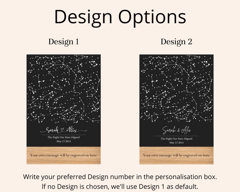 Puede incluir: Dos opciones de dise&ntilde;o para una impresi&oacute;n personalizada de mapa de estrellas. El primer dise&ntilde;o presenta un fondo negro con estrellas blancas y el texto "Sarah & Alix The Night Our Stars Aligned May 15 2014". El segundo dise&ntilde;o es similar pero tiene una fuente y un dise&ntilde;o ligeramente diferentes. Ambos dise&ntilde;os incluyen el texto "Su propio mensaje se grabar&aacute; aqu&iacute;".