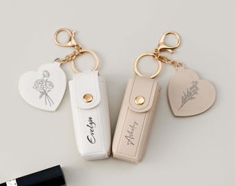 Engraved Lipstick Bag Keychain with Mirror, Custom PU Leather Lip Balm Case, Personalized Gift for Her, Bridesmaid or Valentine Gift Idea