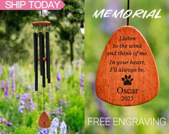 Listen to the Wind Personalized Pet Loss Memorial Outdoors Copper Wood Wind Chime,Double Sides Custom Engraved Dog Cat Loss Remembance Gift