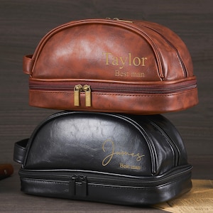 Luxury Men&#39;s Leather Travel Toiletry Bag - Custom Engraved Dopp Kit, Groomsmen Anniversary Gift with Multi-Pockets & Wash Organizer