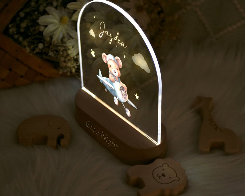 Gepersonaliseerde babynaam nachtlampje met aangepaste houten basis, jongen meisje baby kindercadeau, ideaal voor kinderkamerdecoratie, babyshower en pasgeboren geschenken afbeelding 4