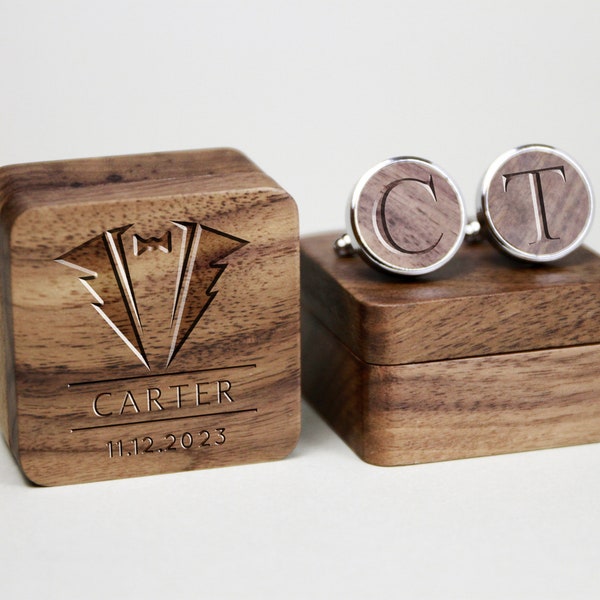 Personalized Cuff Links Box with Custom Design, Wooden Cufflinks for Best Man, Groomsman Gift in Wedding, Wedding Gift