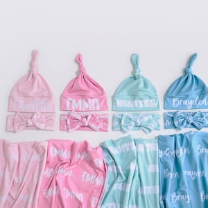 Personalised Baby Swaddle, Custom Baby Blanket Set, Newborn Swaddle, Baby Name Swaddle, Nursery Blankets, Baby Shower Gift, Hat and Bow