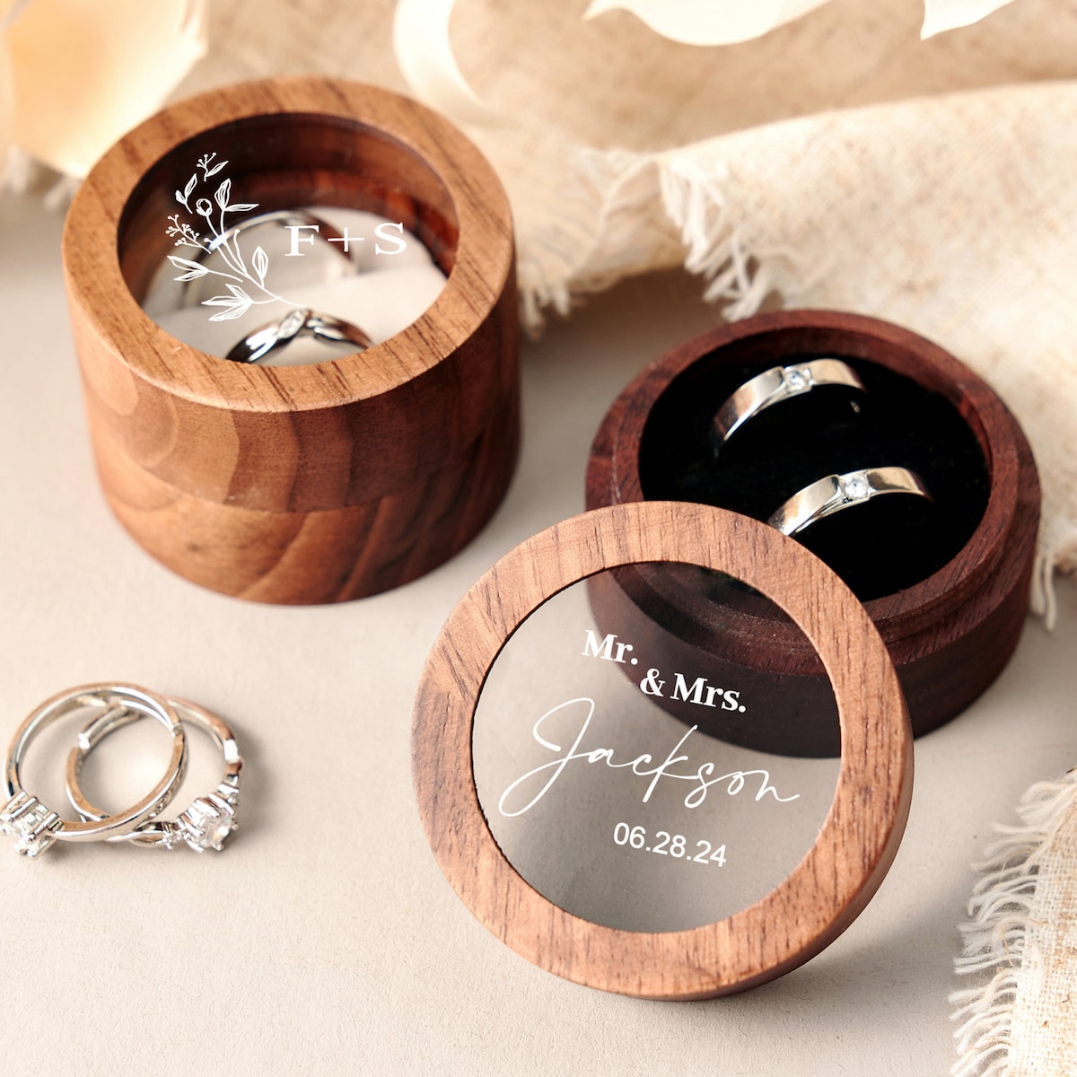 Custom Wooden Wedding Ceremony Round Ring Box, Clear Acrylic Cover, Personalized Engraved Engagement Proposal Holder, Bridal Gift for Her - Etsy