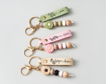 Porte-clés à breloques fleurs personnalisées, bracelet en similicuir gravé avec perles, cadeau personnalisé pour enseignants, mamans ou filles
