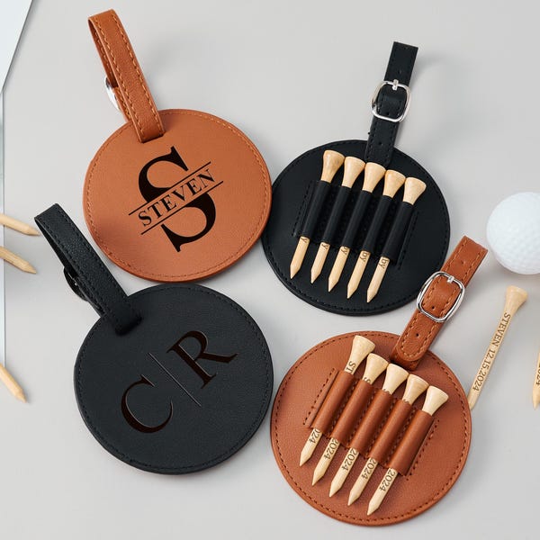 Personalized Leather Golf Bag Tag with Tees – Custom Engraved Golf Tee Holder, Unique Golf Accessories, Groomsmen Gift