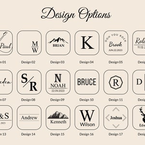 May include: A graphic design template for a personalized coaster. Eighteen different designs are shown, featuring various names, initials, dates, and symbols. The designs are arranged in a grid on a light beige background.