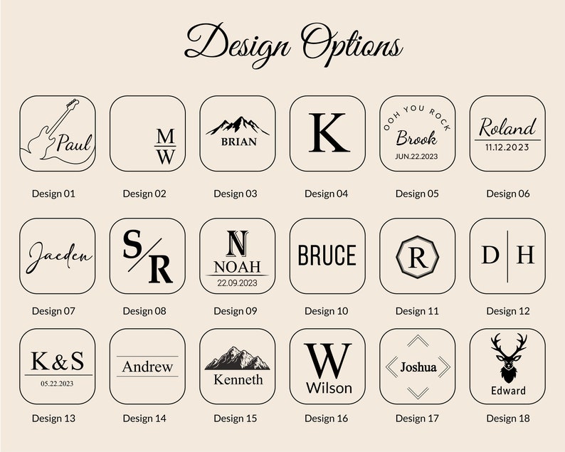 May include: A graphic design template for a personalized coaster. Eighteen different designs are shown, featuring various names, initials, dates, and symbols. The designs are arranged in a grid on a light beige background.