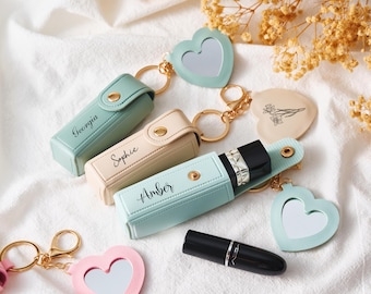 Personalized Lipstick Case with Mirror, Custom PU Leather Keychain Bag, Engraved Birth Flower Lip Balm Holder, Gift for Her, Bridesmaid Gift