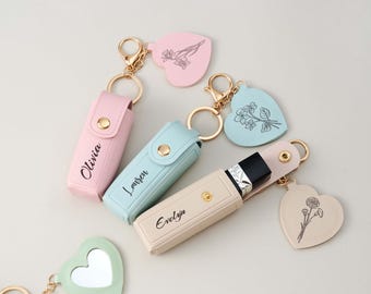 Personalized Lipstick Holder with Mirror, Custom Name PU Leather Pouch Keychain, Mini Travel Makeup Bag for Lip Balm, Bridesmaid Gift