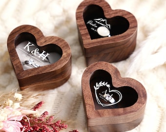 Custom Engraved Wooden Ring Box, Acrylic Lid Wedding Ceremony Box, Heart-shaped Ring Bearer, Anniversary Gift, Personalized Engagement Box