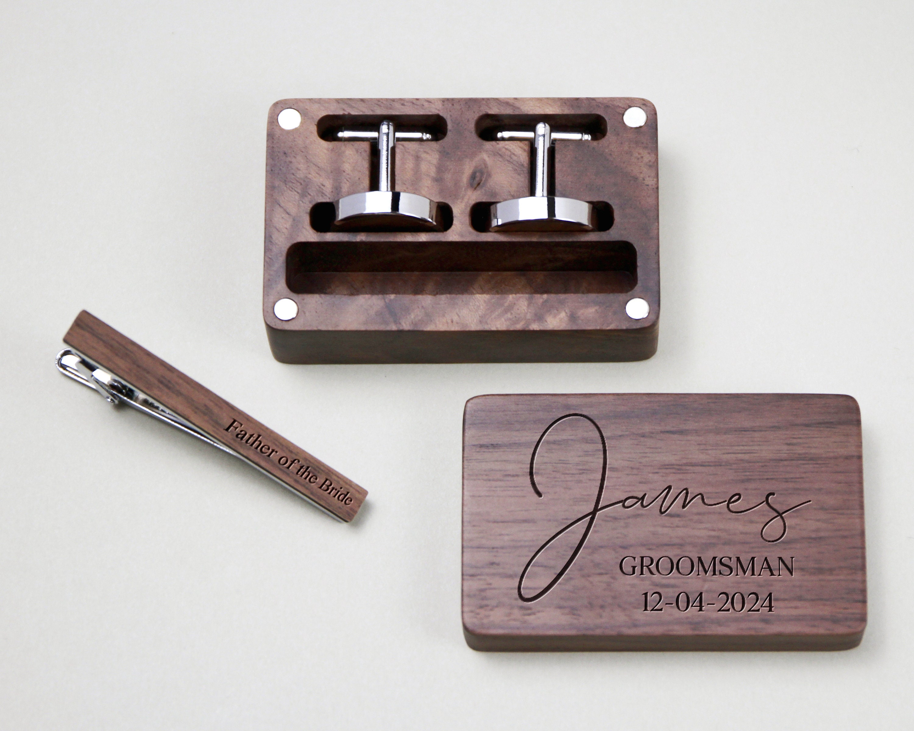 Ensemble Boutons De Manchette Et Pince à Cravate Personnalisés Avec Initiales - Coffret En Bois - Cadeau Mariage, Père, Garçon D'honneur