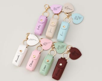 Personalized Lipstick Case Keychain with Mirror, Custom Name Lip Balm Holder, Bridesmaid or Mom Gift, Wedding Favor, 7 Color Options